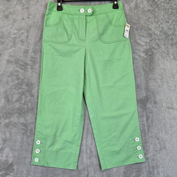 Talbots Pants Womens 2 Green Cropped Button Detail Stretch Casual Spring Summer - Picture 1 of 12